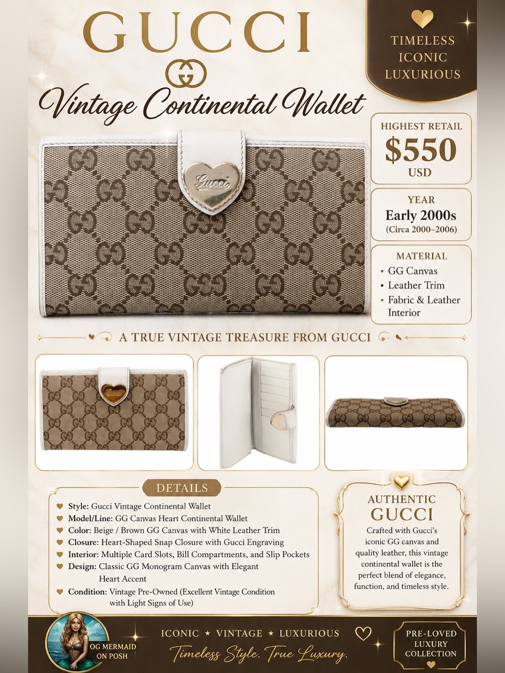 Gucci Heart GG Canvas Continental Wallet with White Trim VINTAGE EUC